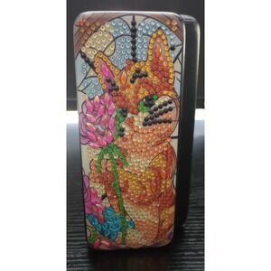 Completed Diamond Art Eyeglass‎ Case - Orange Cartoon Cat With Pink Flower